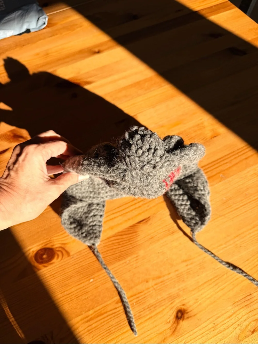 Gray 100% Wool Knit Earflap Hat with Flag Accent